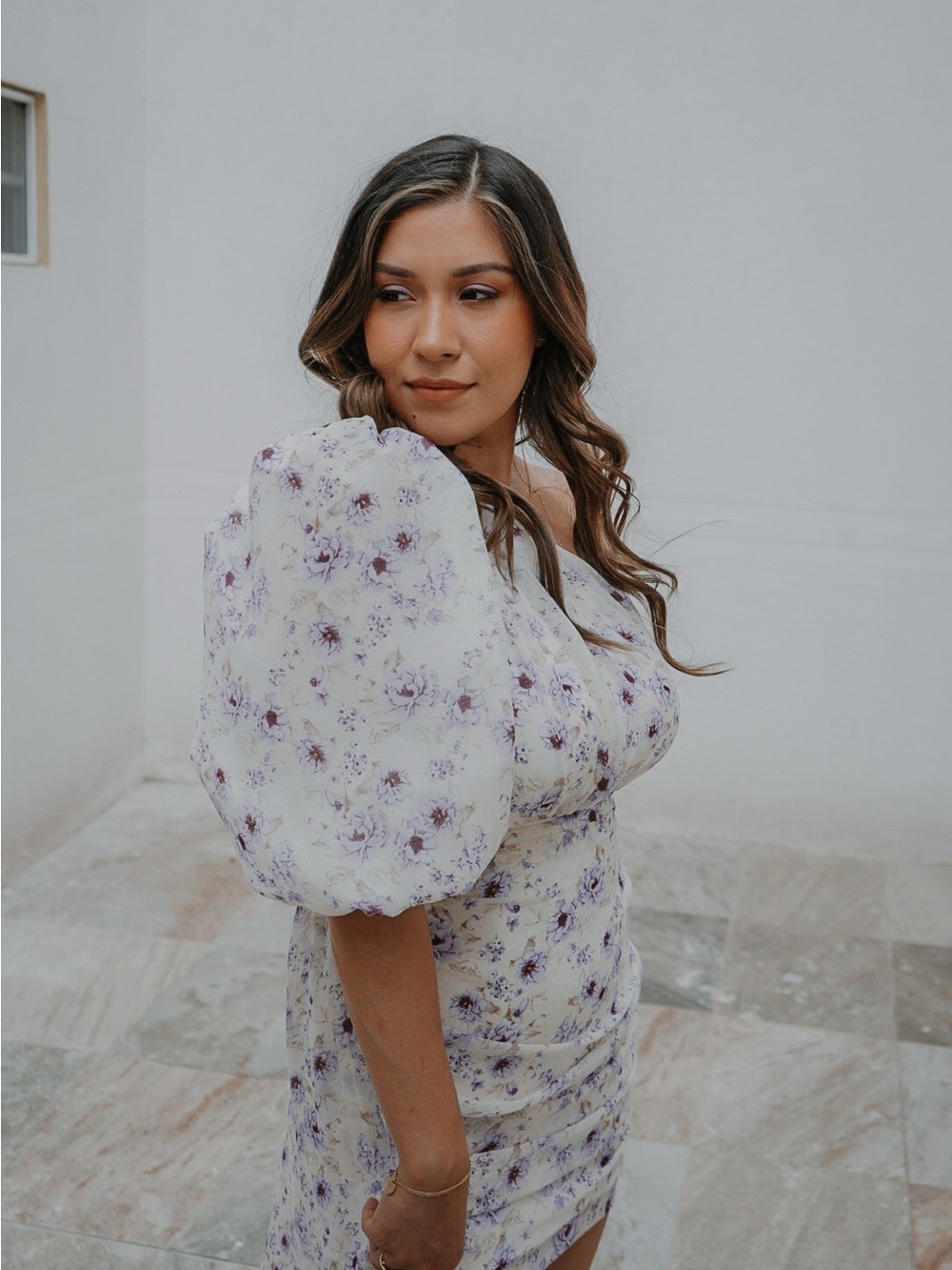 Nasty Gal Cream and Lavender One-Shoulder Floral High-Low Dress